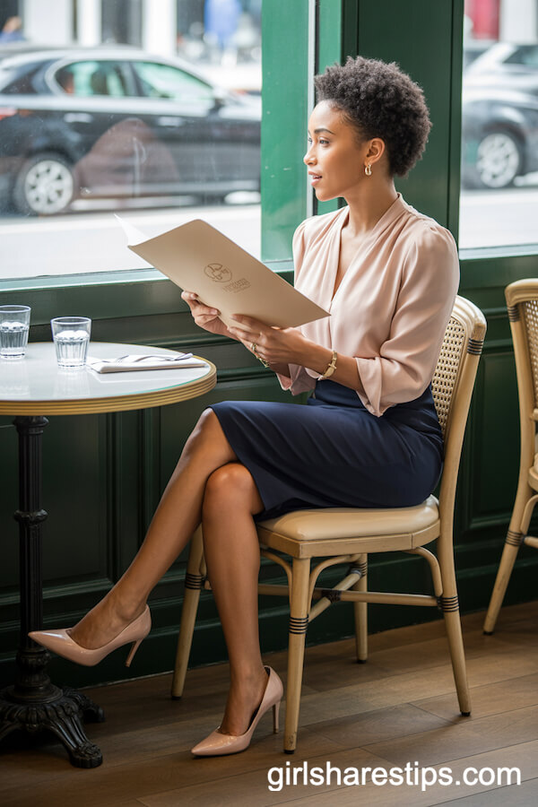 Blush Pink Blouse with Navy Pencil Skirt