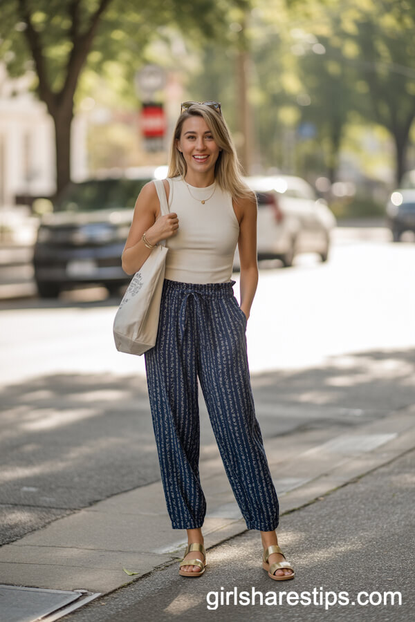 Navy Patterned Paperbag-Waist Pants with Cream Top