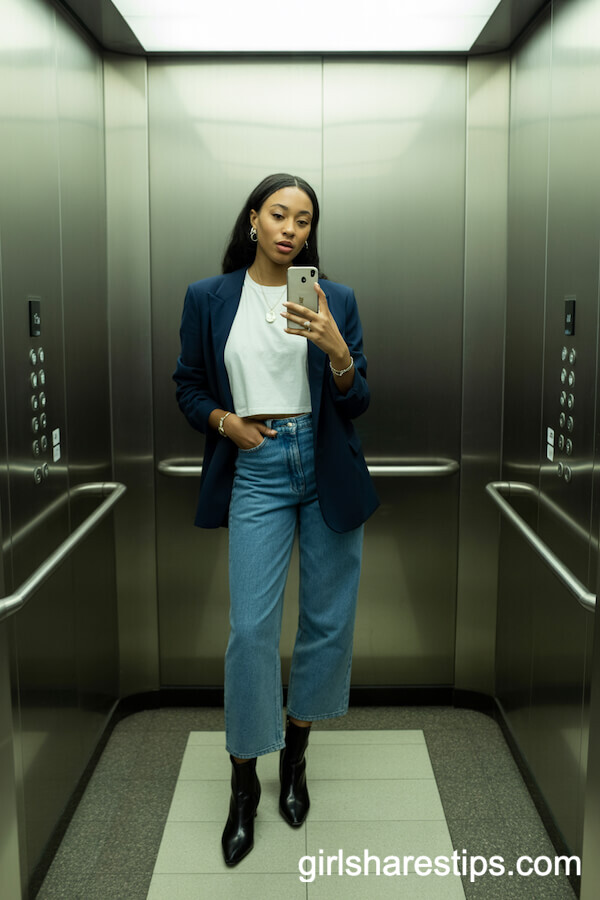 White Tee Layered Under Navy Blazer with Cropped Jeans