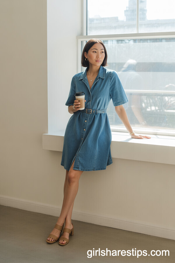 Belted Button-Down Denim Dress
