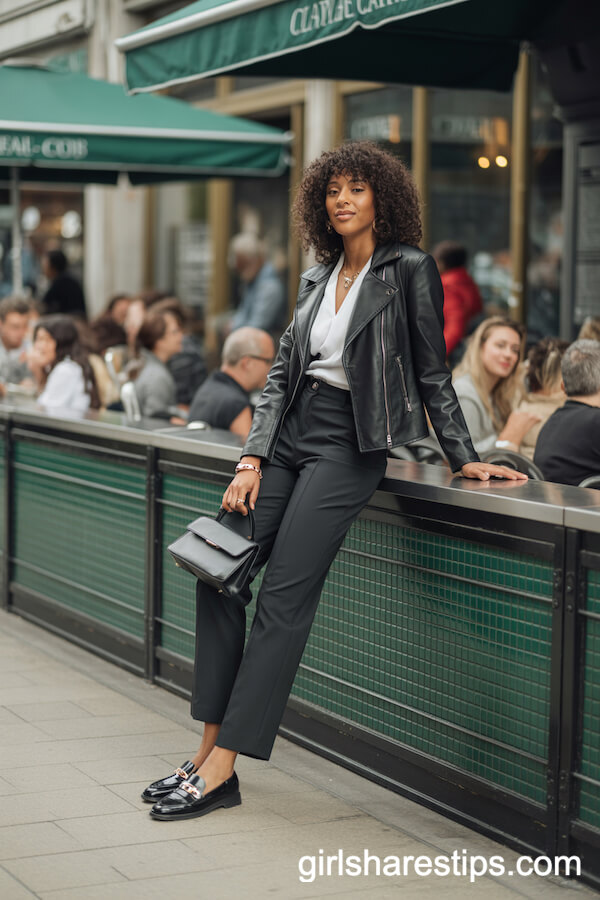 Black Leather Jacket with White Blouse and Tailored Pants