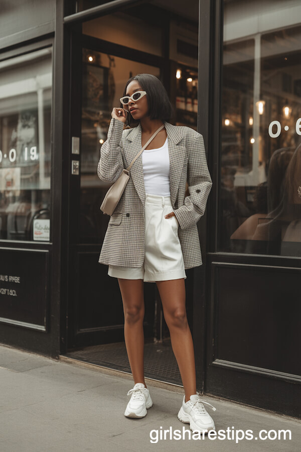 Oversized Plaid Blazer with White Shorts