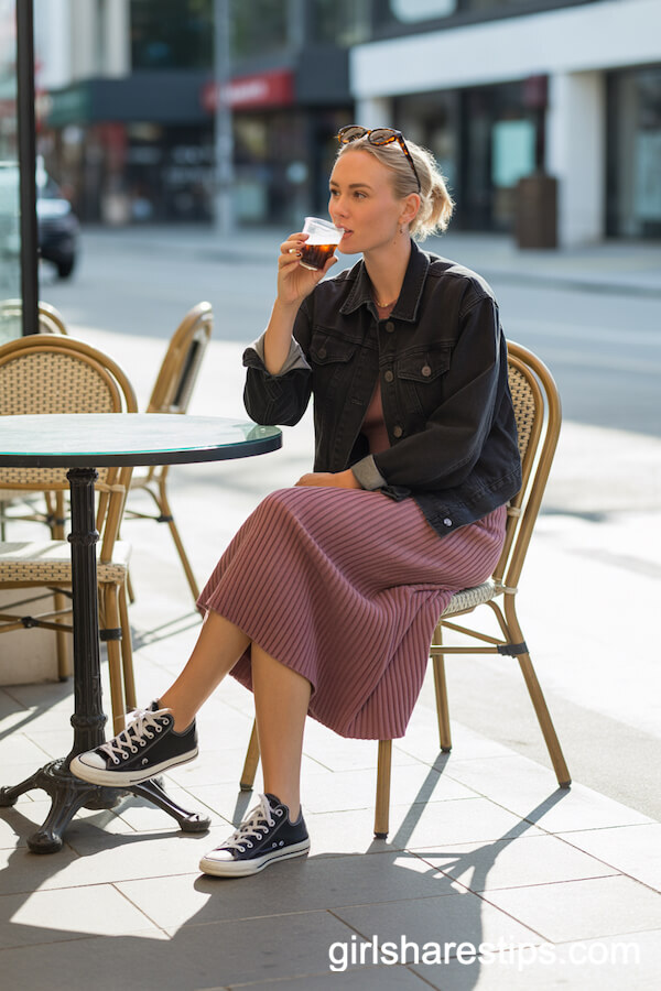 Black Denim Jacket with Fitted Ribbed Midi Skirt
