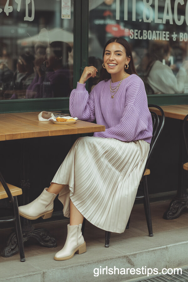Chunky Pastel Sweater with Cream Pleated Skirt