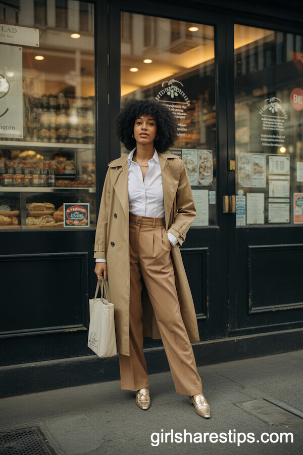 Classic Tan Trench Coat with Button-Down Shirt