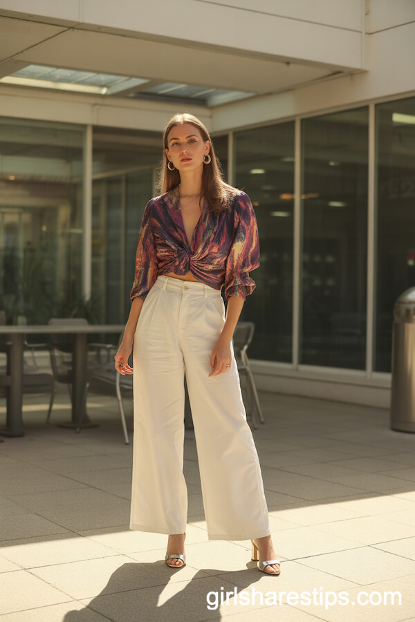 Bold-Printed Statement Blouse with Wide-Leg Pants