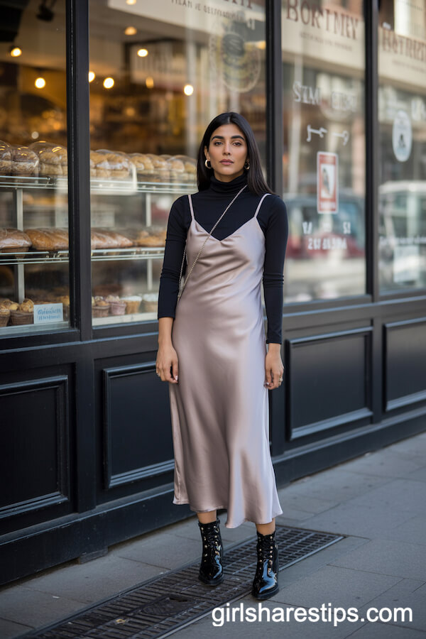 Fitted Black Turtleneck Layered Under Silky Slip Dress