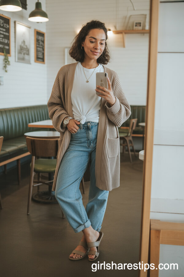 Neutral Cardigan with White Tee and Blue Jeans