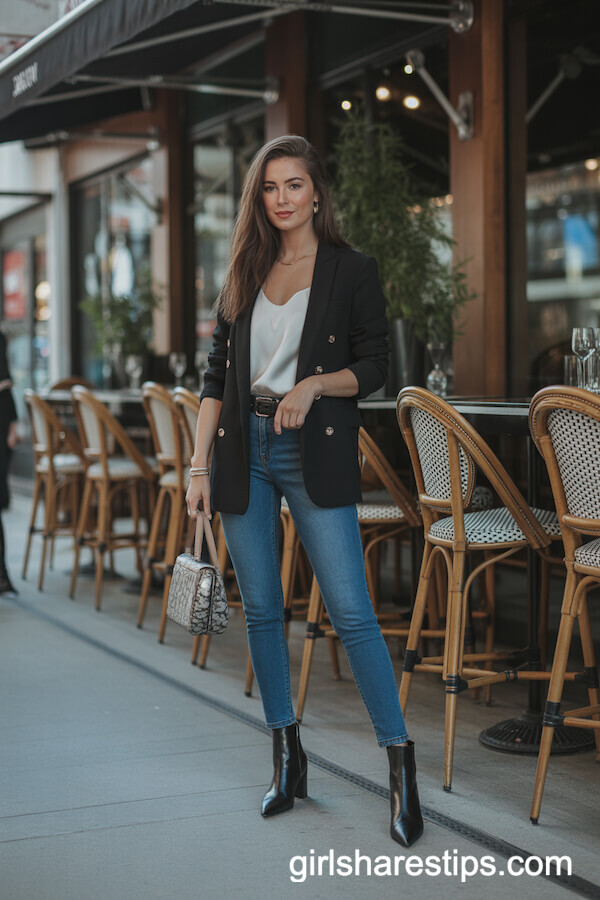 Fitted Black Blazer with White Camisole and Blue Skinny Jeans