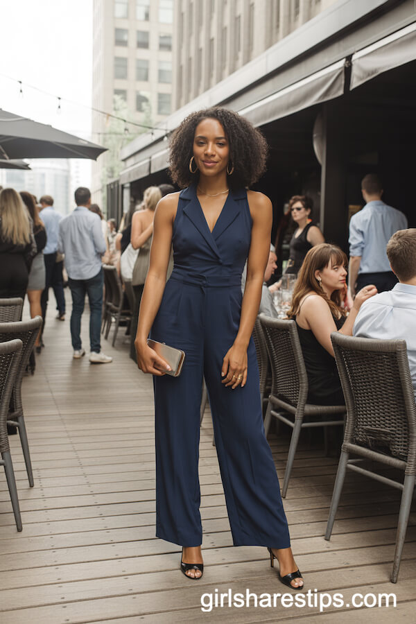 Navy Blue Tailored Jumpsuit with Gold Hoop Earrings