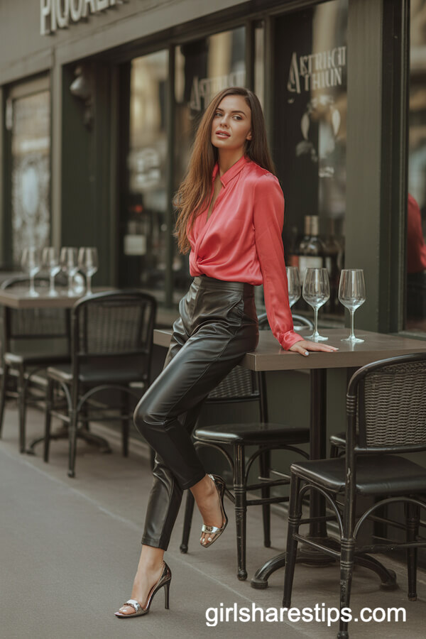 Bright Statement Blouse with Black Leather Pants