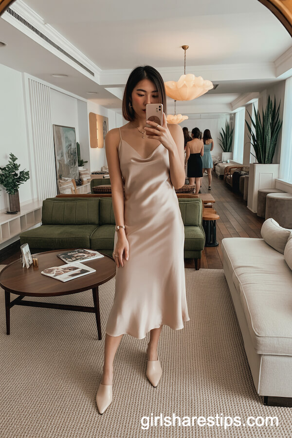 Midi Silk Slip Dress with Pointed Mules