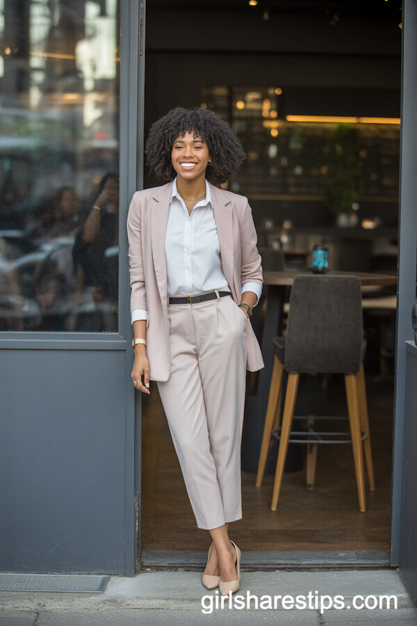 Blush Pink Blazer with Fitted White Shirt and Cropped Trousers