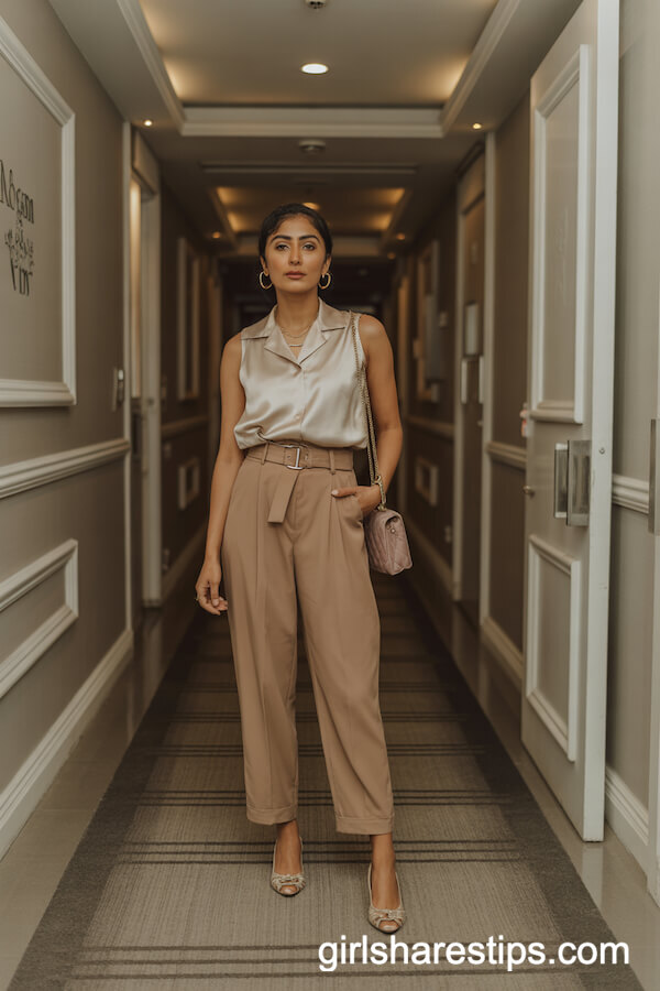 Sleeveless Satin Blouse with Belted Paperbag Trousers