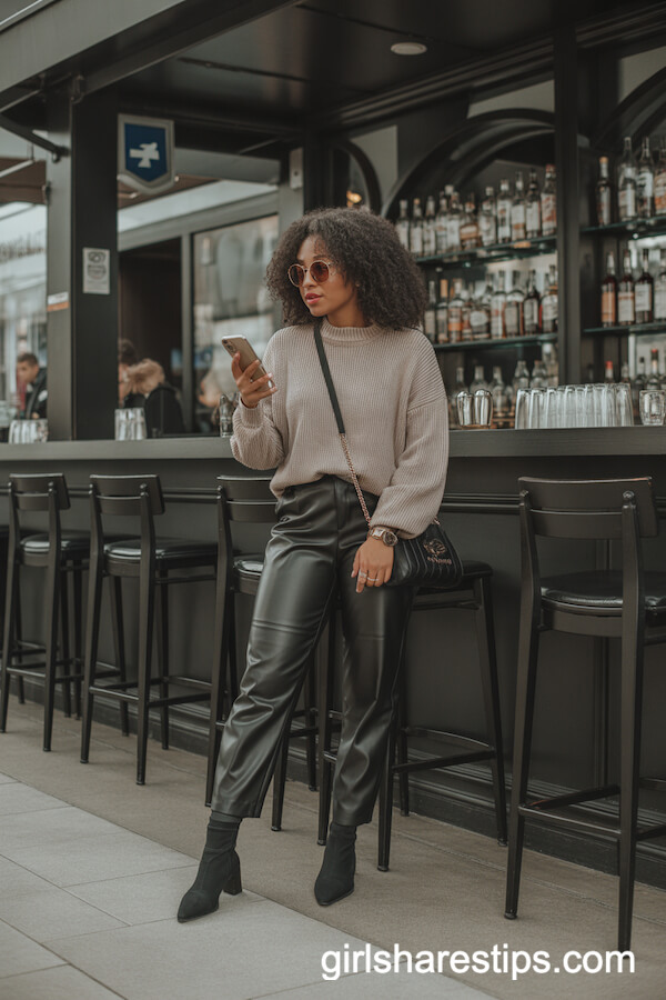 Chunky Neutral Sweater with Black Faux Leather Trousers