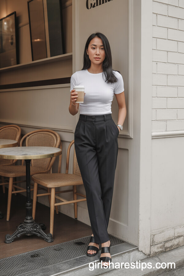 Fitted White Top with High-Waisted Black Trousers
