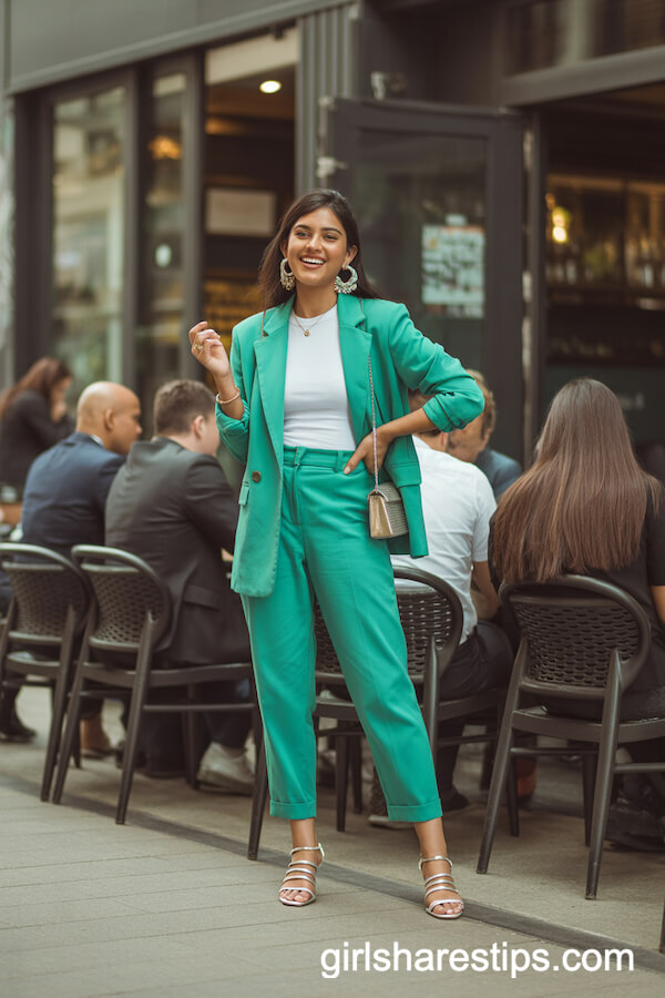 Bold-Colored Power Suit with Statement Earrings
