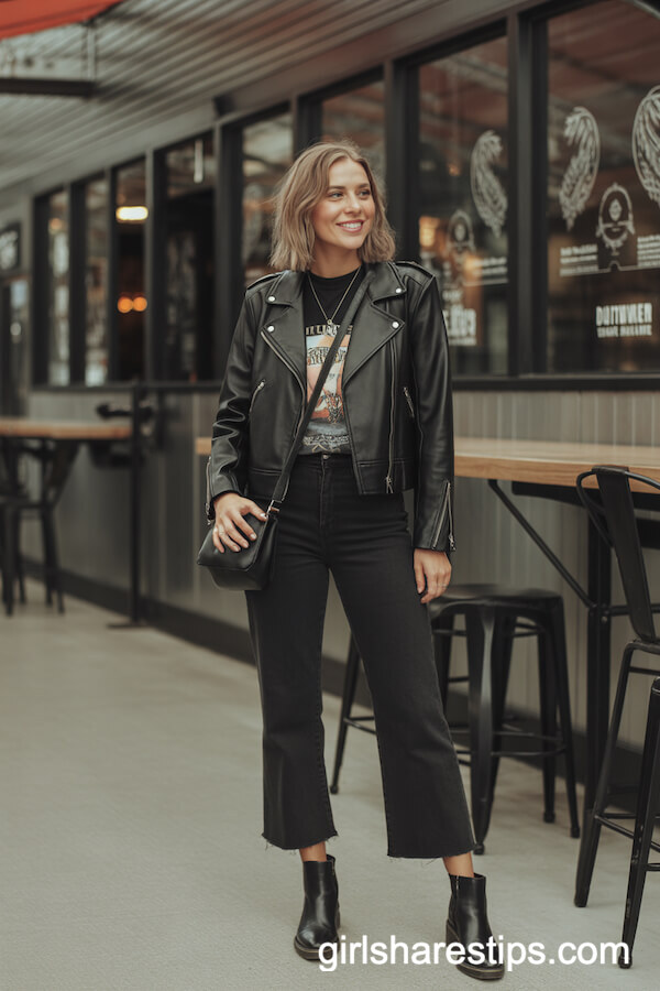 Black Leather Moto Jacket with Cropped Wide-Leg Pants
