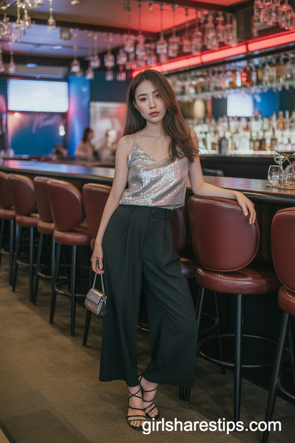 Sequin Silver Top with High-Waisted Black Wide-Leg Pants