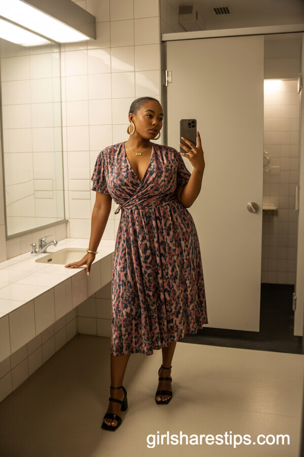 Colorful Print Midi Wrap Dress with Block-Heel Sandals