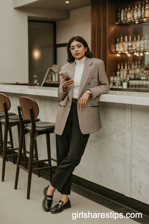 Checked Plaid Blazer with White Turtleneck and Black Trousers
