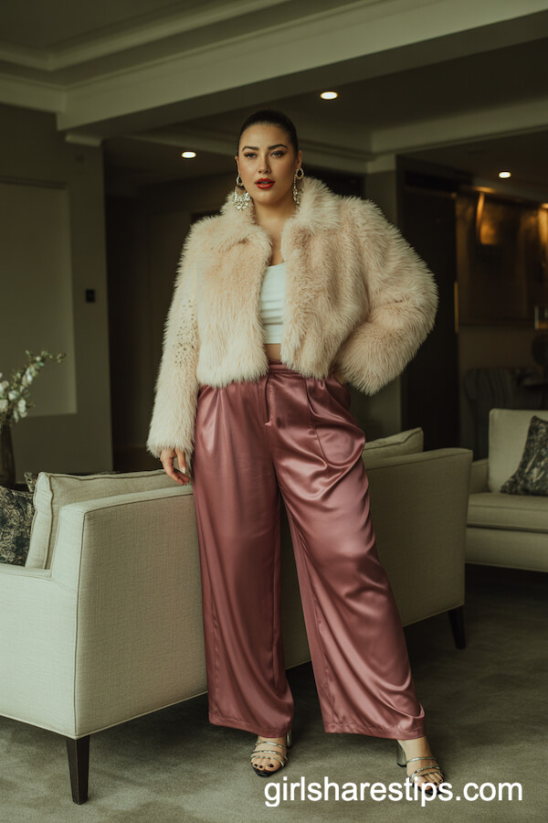 Cream Faux Fur Cropped Jacket with Satin Wide-Leg Trousers