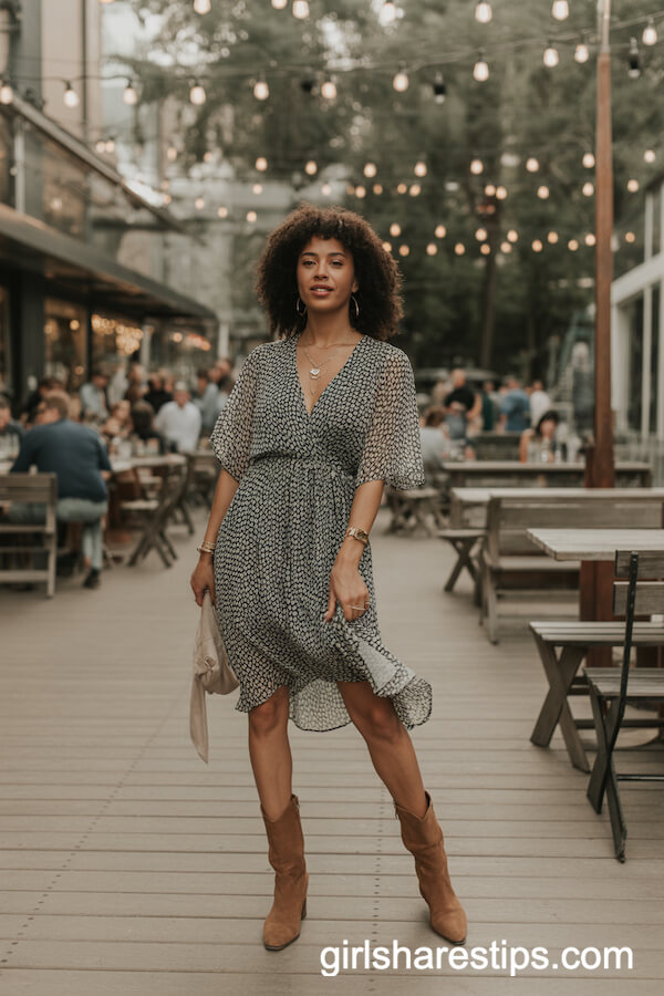 Flowy Printed Wrap Dress with Tall Suede Ankle Boots