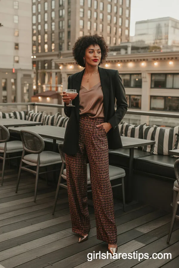 Bold Blazer and Patterned Trousers with a Silk Camisole