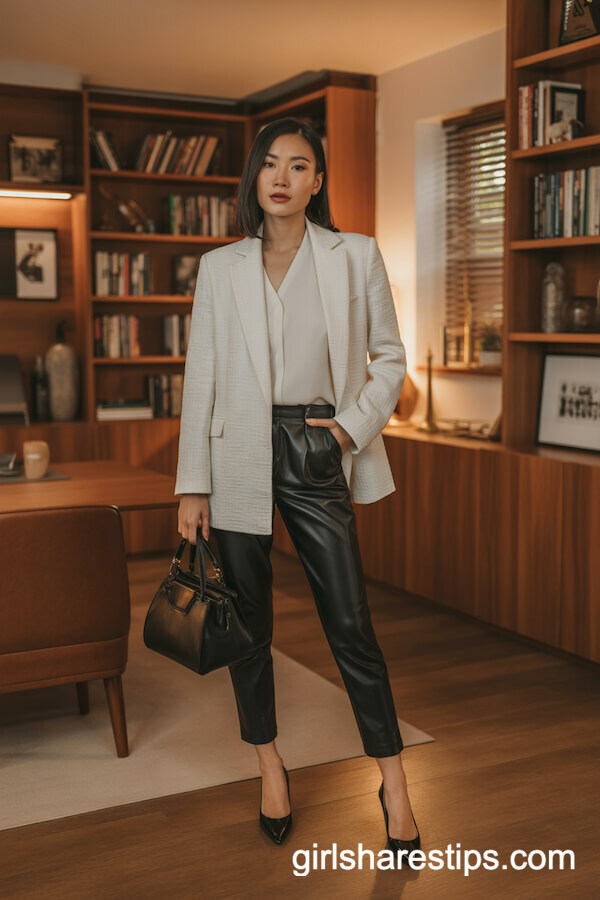 White Textured Blazer and Cropped Leather Pants