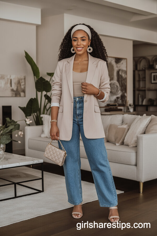 Nude Blazer, Beige Top, Blue High-Waisted Jeans