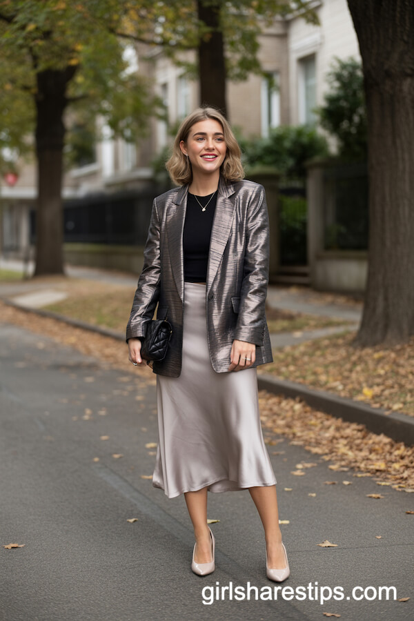 Metallic Blazer and Grey Satin Midi Skirt