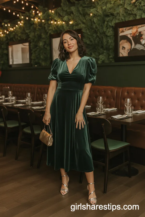 Velvet Puff-Sleeve Midi Dress with Metallic Heels