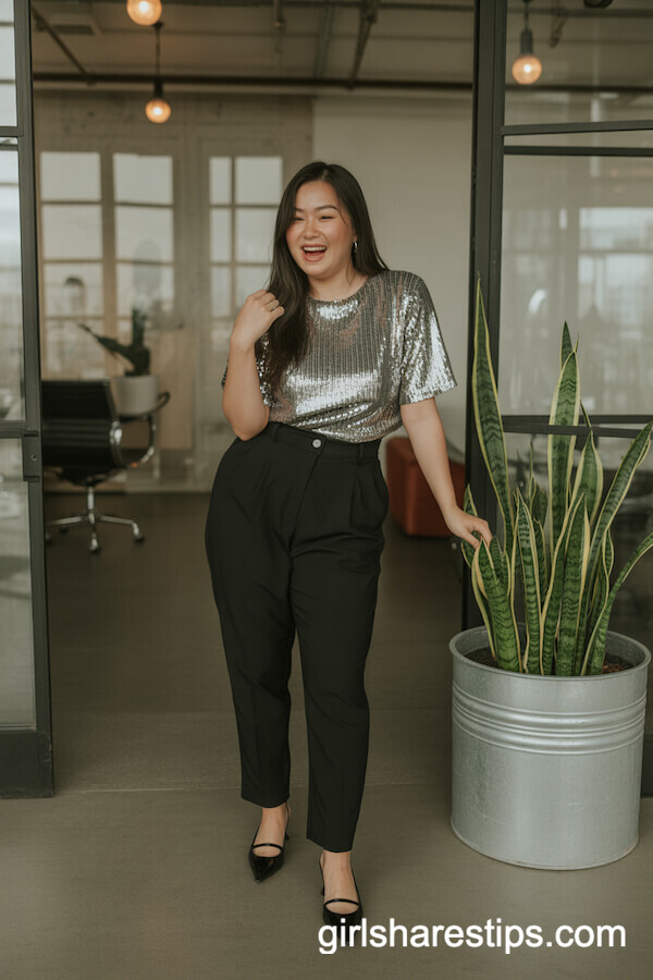 Silver Sequin Top and High-Waisted Black Pants