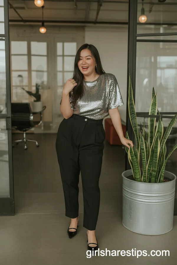 Silver Sequin Top and High-Waisted Black Pants