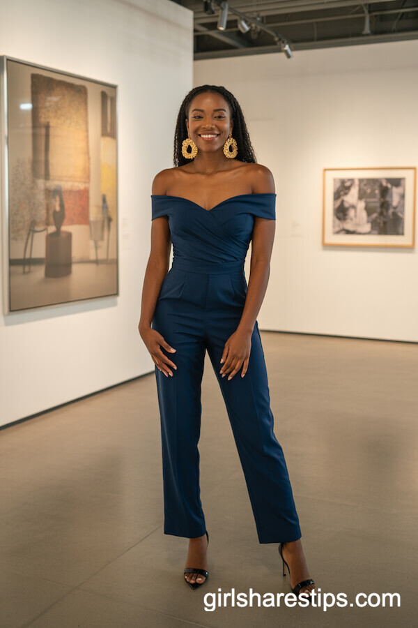 Navy Off-Shoulder Jumpsuit with Statement Earrings