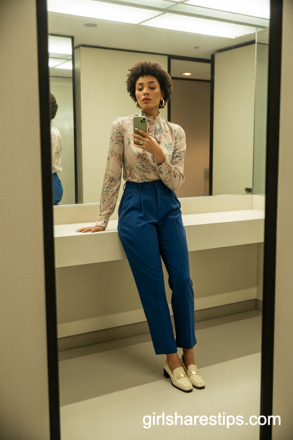 Floral High-Neck Blouse with Deep Blue Trousers