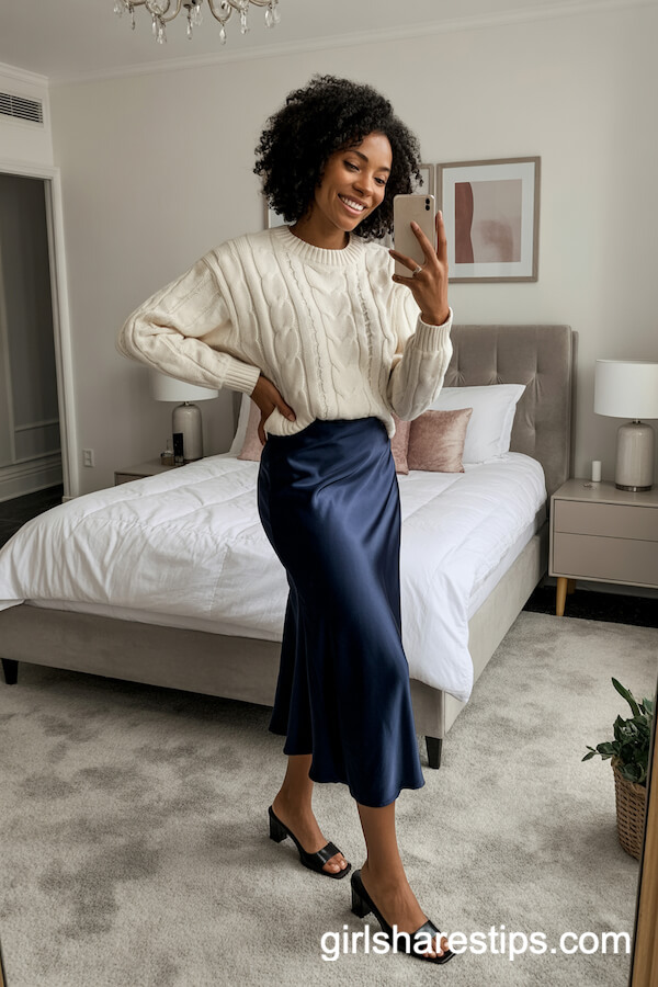 Cable-Knit Sweater Navy Satin Midi Skirt