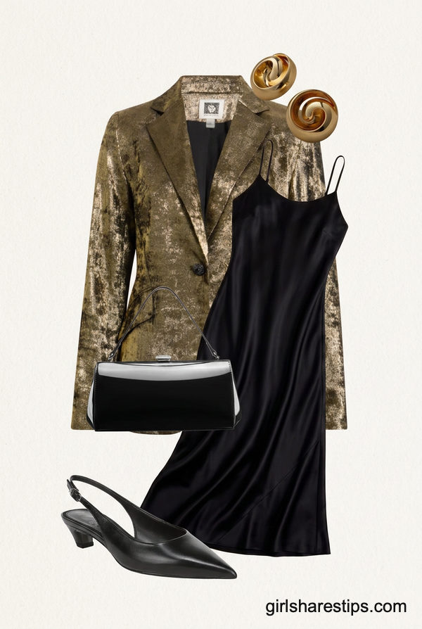 Liquid Silk Meets Textured Metallic Blazer