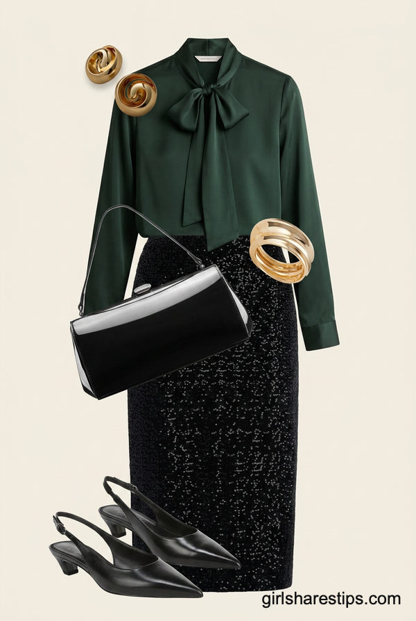 Emerald Silk Blouse and Shimmering Pencil Skirt