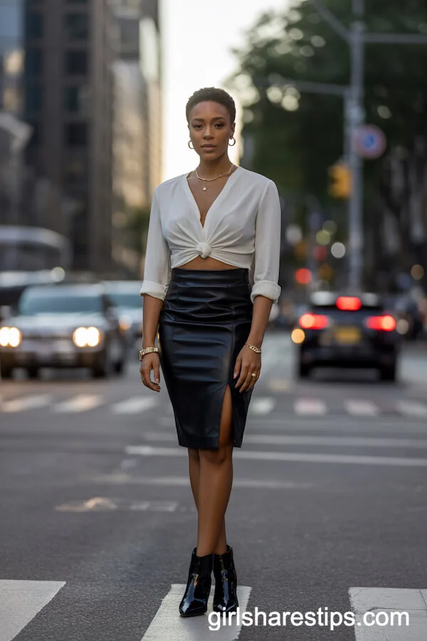 Leather Pencil Skirt with White Blouse and Gold Jewelry
