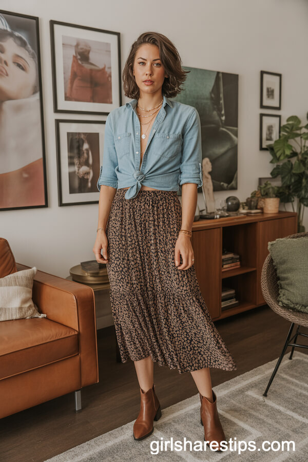 Boho Print Midi Skirt with Chambray Shirt and Brown Ankle Boots