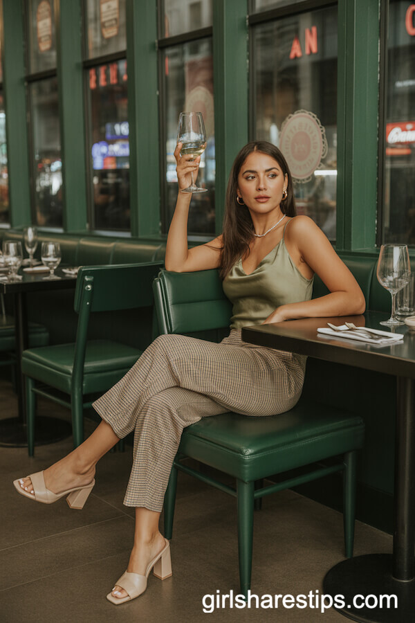 Fitted Plaid Ankle Pants with Moss-Green Silk Cami