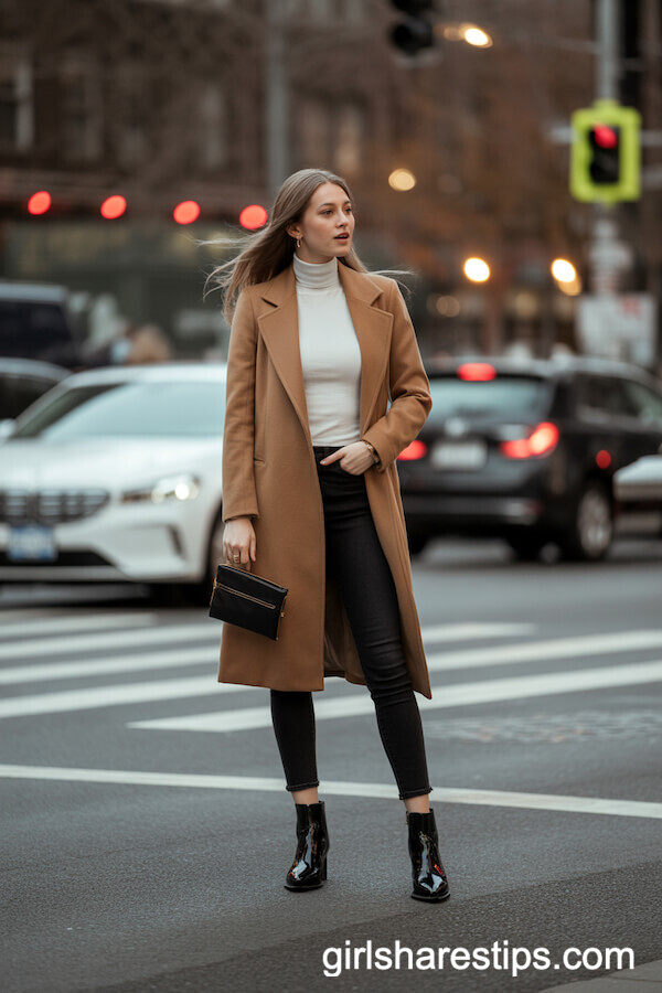 Skinny Black Jeans with Fitted Turtleneck and Chic Camel Coat