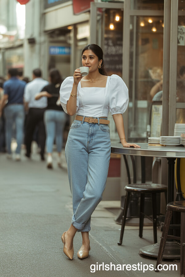 White Puff Sleeve Blouse with High Waist Blue Jeans and Tan Belt