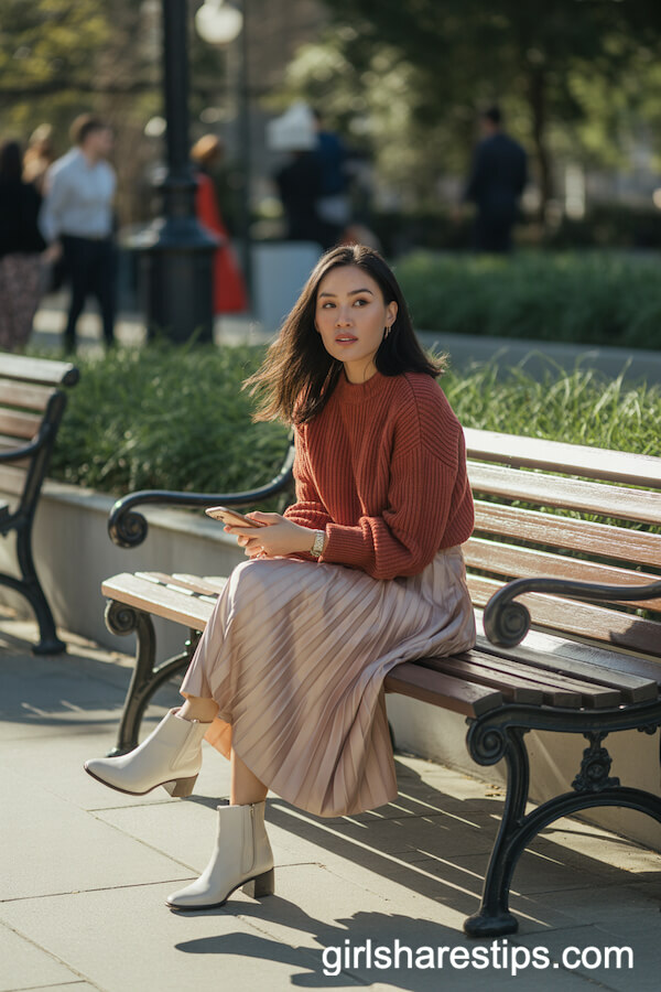 Rust Knit Sweater with Champagne Pleated Midi Skirt