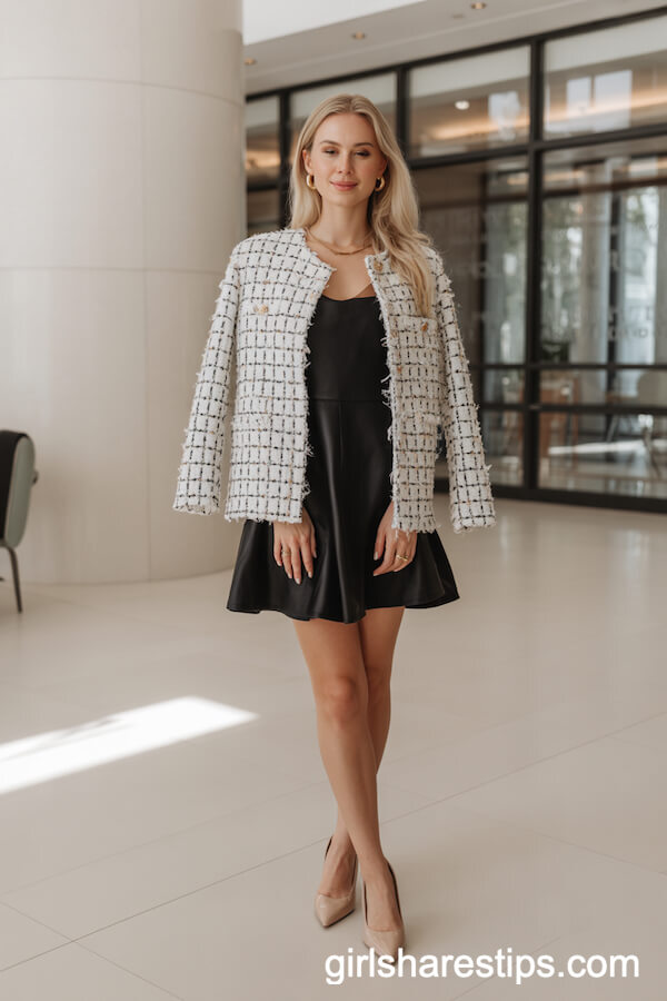 Black Mini Dress with Checked Tweed Jacket and Nude Heels