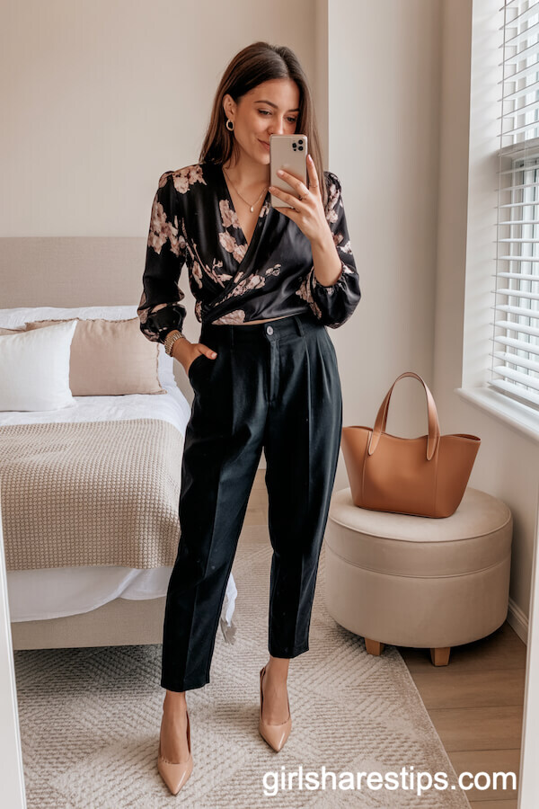 Black Floral-Print Wrap Blouse with High-Waisted Black Trousers