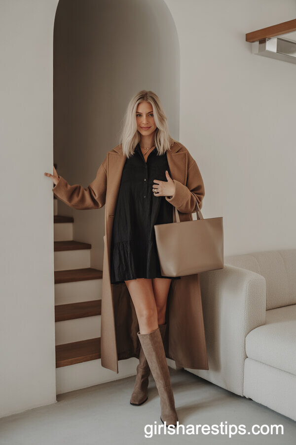 Loose Black Mini Dress with Long Camel Coat and Taupe Knee-High Boots