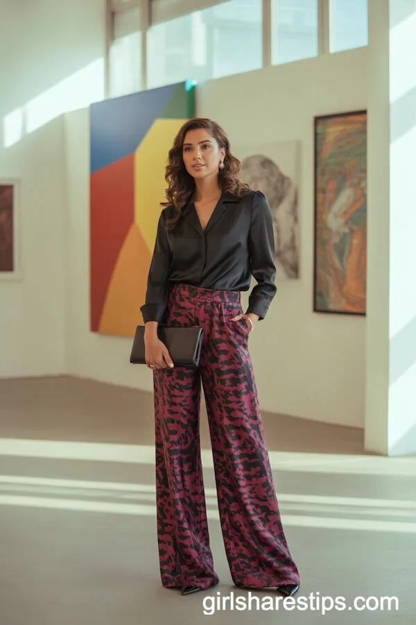 Printed Wide-Leg Trousers with Fitted Black Silk Blouse