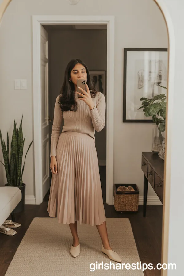 Blush A-Line Midi Skirt with Fitted Knit Top